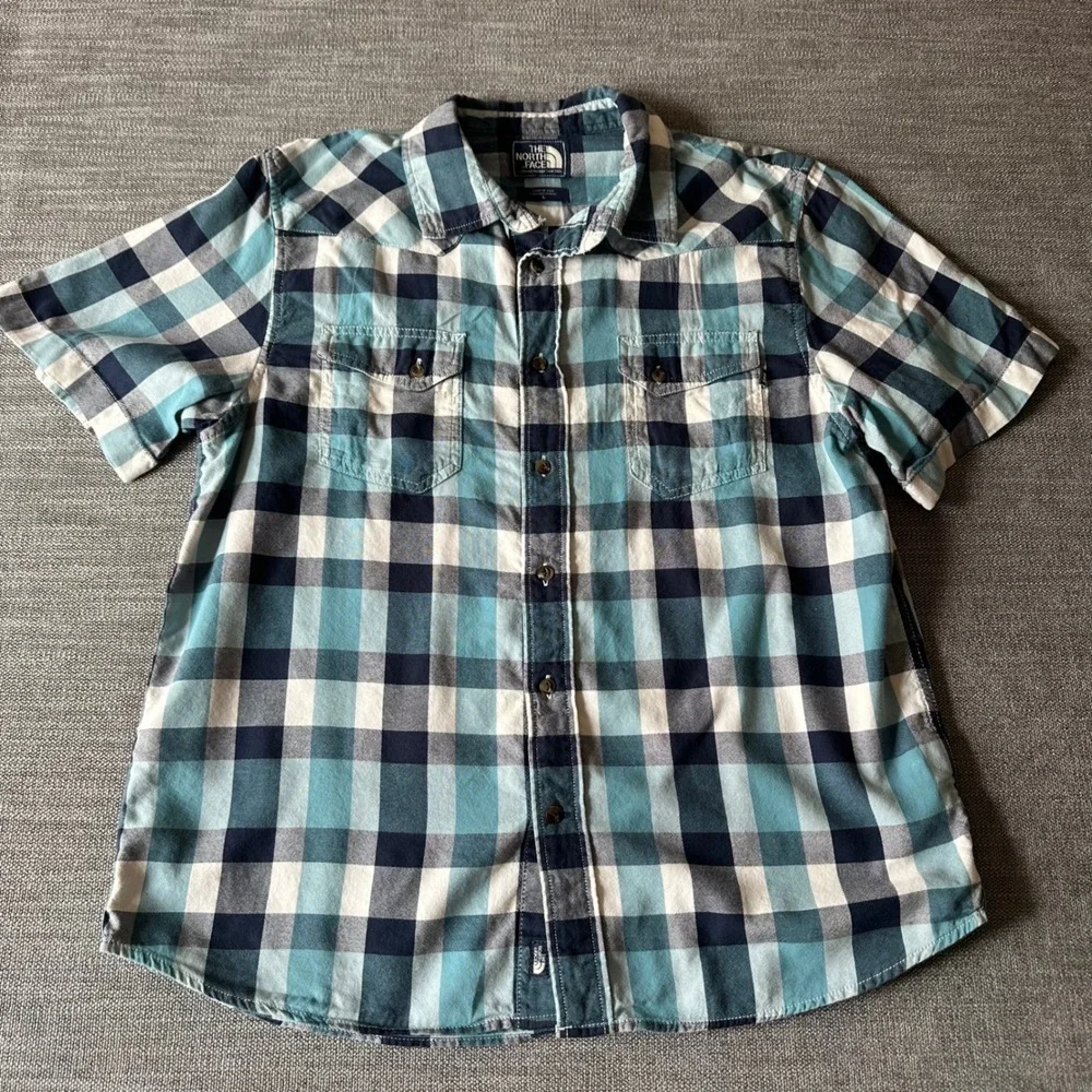 The North Face Button Down Shirt Mens L Teal Navy Plaid Short Sleeve